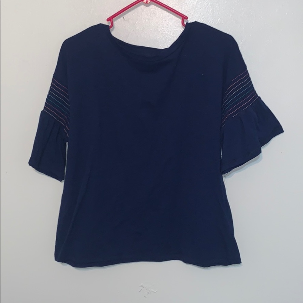 Navy Blue Top with Rainbow and Ruffle Sleeves